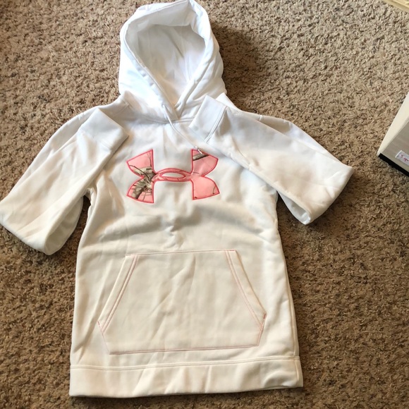 white and pink camo under armour hoodie